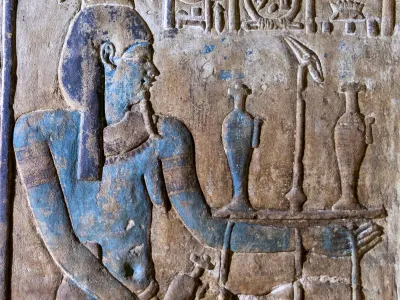 The temple walls&#39; reliefs were restored to reveal colorful paint that decorated carvings of Egyptian gods.