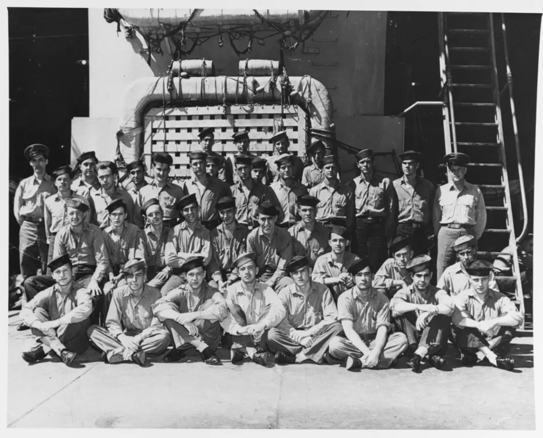 Members of the Indianapolis' crew pose on the ship at some point during World War II