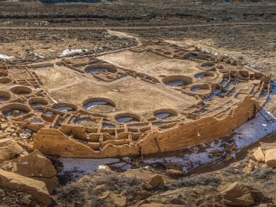 Pueblo Bonito, a massive stone great house in Chaco Canyon in New Mexico