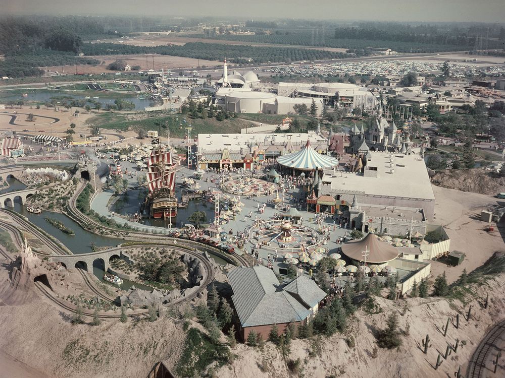 An aerial view of Disneyland in Anaheim, California, circa 1955
