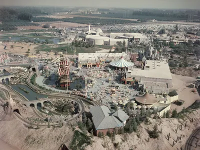 An aerial view of Disneyland in Anaheim, California, circa 1955