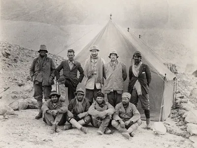 Andrew Irvine, back left, stands beside George Mallory and other members of the British Mount Everest expedition in 1924.