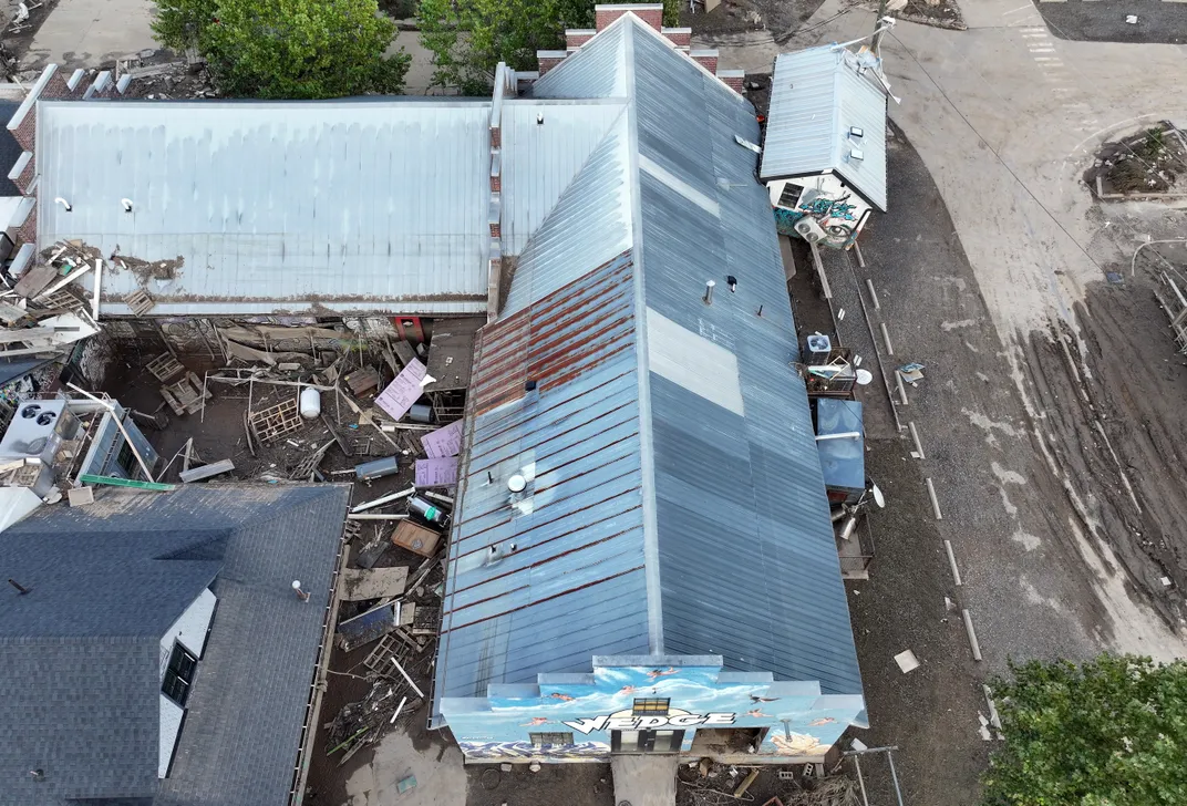 Overhead shot of damage caused by Hurricane Helene in Asheville, North Carolina