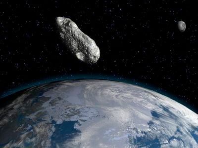 An illustration of an asteroid and the moon orbiting Earth.