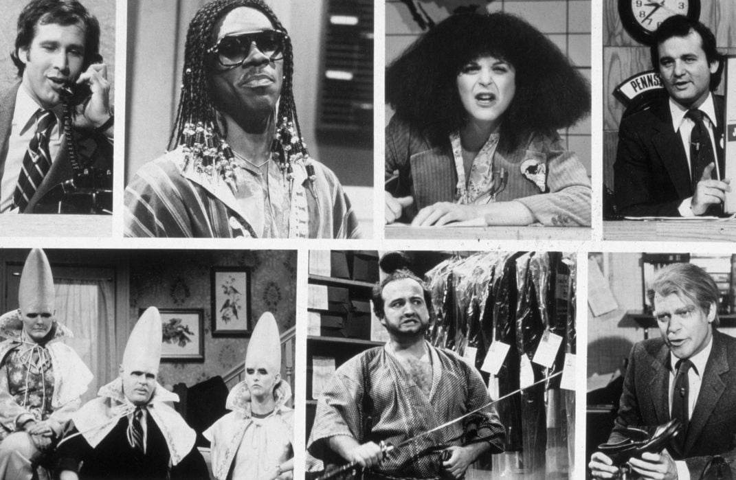 Stills from "Saturday Night Live" sketches, featuring (clockwise from top left) Chevy Chase, Eddie Murphy, Gilda Radner, Bill Murray, Joe Piscopo, John Belushi, Jane Curtin, Dan Aykroyd and Laraine Newman