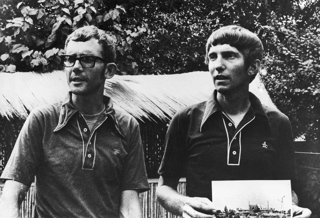 Pete Kunst (left) and David Kunst (right) arrive in Delhi, India, on June 11, 1973.