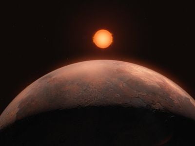 An illustration of the newly detected exoplanet Barnard b, with the red dwarf Barnard&#39;s star in the background.
