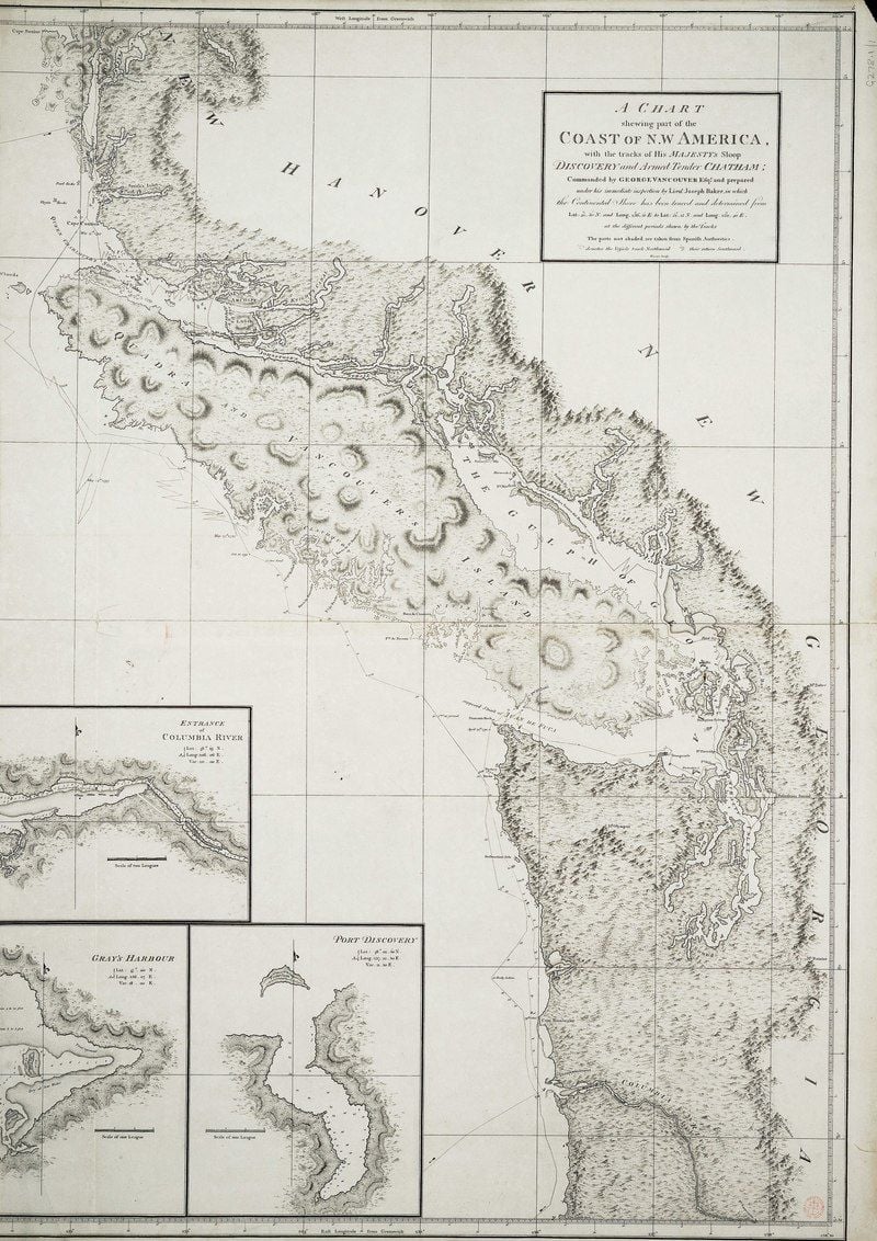 A chart of the Pacific Northwest, as surveyed during George Vancouver's expedition to the region