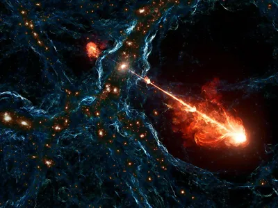 An artist&rsquo;s illustration of the Porphyrion jet pair escaping a black hole and passing through voids in the cosmic web.