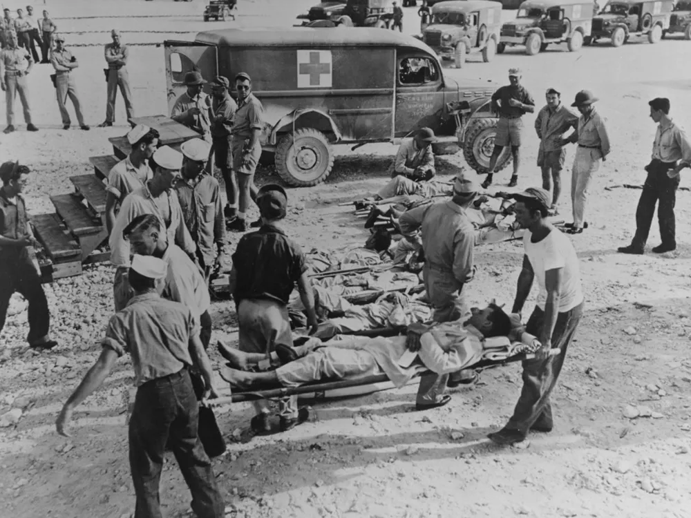 Survivors of the Indianapolis en route to a hospital following their rescue in August 1945