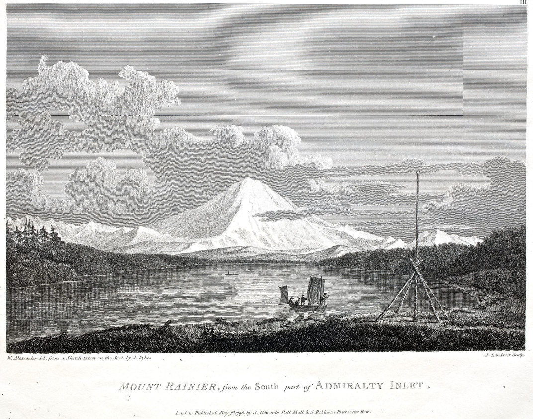 An illustration of Mount Rainier, as seen from the southern part of Admiralty Inlet