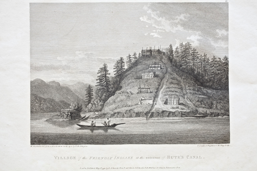 View of an Indigenous village at the entrance of Bute's Canal, now Bute Inlet in British Columbia